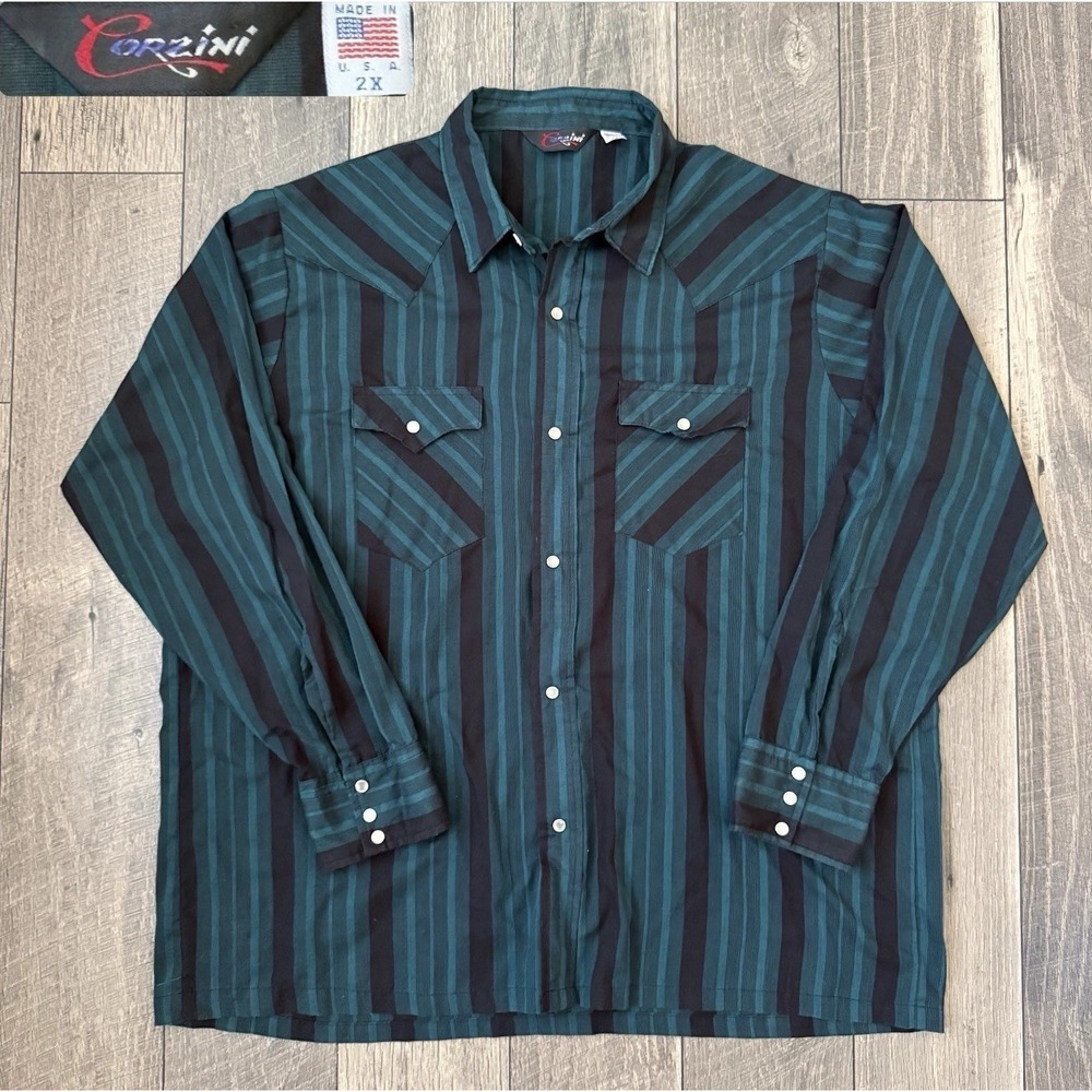Vintage Corzini Western Pearl Snap Shirt Striped Mens 2XL USA Made Cowboy Rodeo